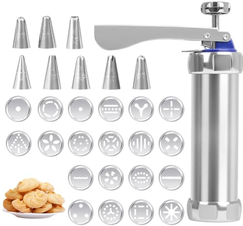 FARYODI Presse à pâtisserie avec 20 pochoirs et 8 douilles en acier inoxydable, seringue à pâte, machine à biscuits, presse à biscuits, presse à pâtes, presse à pâtes, pour gâteaux et biscuits