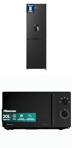 Bundle of Fridgemaster MC55251DEB Freestanding 256 litre 50/50 Fridge Freezer with Non-plumbed Water Dispenser-Black - E Rated + Hisense 700 Watts 20 Litre Inverter Microwave Oven H20MOBP1HIUK Black,
