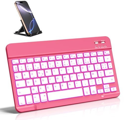 Vobafe Bluetooth Tastatur 7-Farbiges Beleuchtete Tastatur iPad, QWERTZ DE | mit Telefonhalter, Ultradünn Kabellose Tastatur für iPad/Tablet/Laptop/Smartphone (iOS/Android/Windows Systeme), Rosa