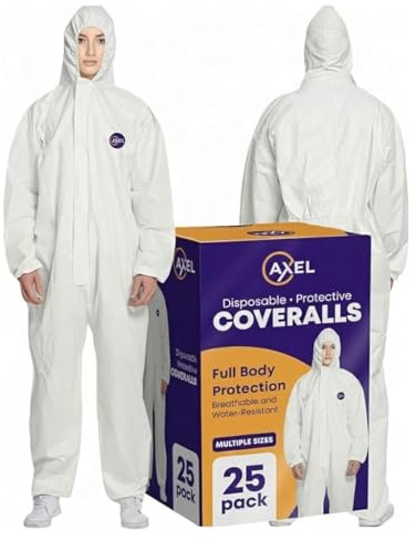 AXEL White Hazmat Suits Disposable | 8 Size Options | 1, 5, 20 & 25 Pack | Breathable Protective Coveralls with Hood (25, White, Medium)