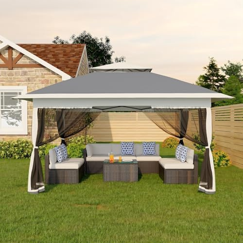 Faltpavillon Moskitonetz 3x3 m mit 4 Moskitonetz Seitenteilen – Pop Up Pavillon wasserdicht & stabil, UV-Schutz 50+, höhenverstellbar, Doppeldach Pavillion für Patio & Familie Grau