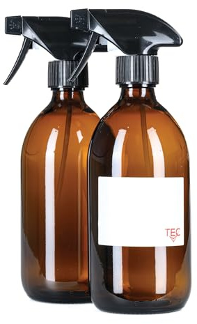 TEC 500ml Amber Glass Spray Bottles 65% Recycled UK Made Mist or Jet | Brown for Cleaning and Hair Water Oil Gardening Mist Essential Oils Recyclable with Labels Wrapped in Sustainable Paper