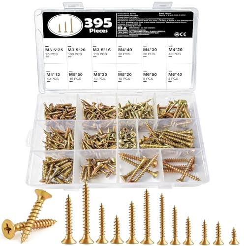 395 Pcs Wood Screws Assortment Kit, M3.5, M4, M5, and M6 Self-Tapping Screw Set, Phillips Cross Head Countersunk Colour Zinc Coated Screws for Furniture Repairs and DIY Projects
