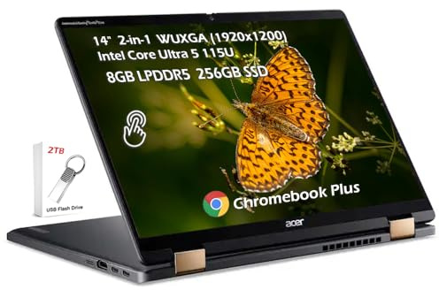 acer Chromebook 2-in-1 Plus Spin 714 14 WUXGA Touch Laptop con Google AI - Intel Core Ultra 5 115U - Wi-Fi6E Bluetooth - Chrome OS - Grigio Acciaio - 8GB LPDDR5 256GB SSD - w/2TB USB Drive, W/GaLiMu
