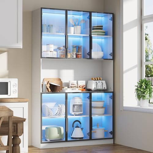 Rosebibi 120x34x200cm Vitrine, Standvitrine mit 6 Schranktüren, Freilagerbereich, Hochschrank, Glasvitrine mit LED, Wohnzimmerschrank 120 cm breit, Multifunktionsschrank, Großer Schrank (1, Weiß-2)