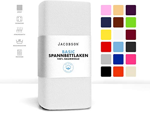 Jacobson Jersey Spannbettlaken Spannbetttuch Baumwolle Bettlaken (140x200-160x200 cm, Weiss)