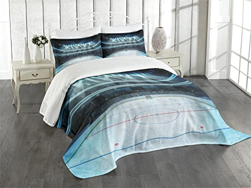 ABAKUHAUS Eishockey Tagesdecke Set, Sport Arena Foto Fans, Set mit Kissenbezügen Waschbar, für Einselbetten 170 x 220 cm, Nachtblau