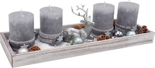 ZauberDeko Adventsgesteck Weihnachtsgesteck Tablett Hirsch Kerze Grau Stern Lichterkette Deko 40cm