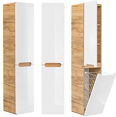 Lomadox Badmöbel Hochschrank mit Wäschekorb LUTON-56 Wotan Eiche Nb. mit Hochglanz weiß, B/H/T ca. 35/170/35 cm