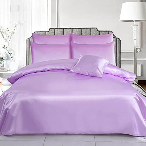 ROOEE Satin Silk Complete Bedding Set - 6 PCS - Fitted sheet, Duvet Cover, 4 Pillow Cases. Color - Lilac Size - King