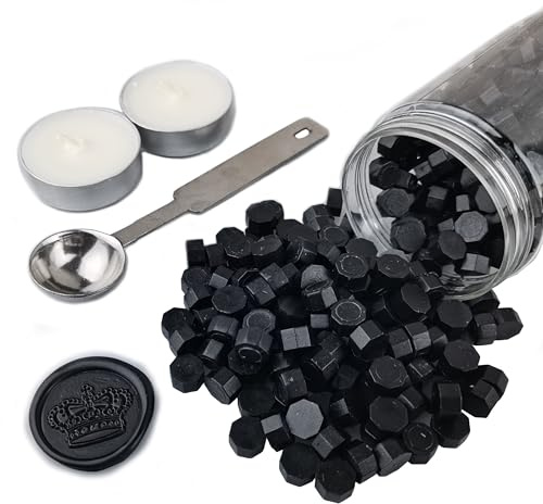 AMTOL Lot de 300 perles de cire à cacheter avec 2 bougies blanches et 1 cuillère à fondre de la cire, idéales pour les invitations de mariage, les enveloppes, les emballages cadeaux(noir)