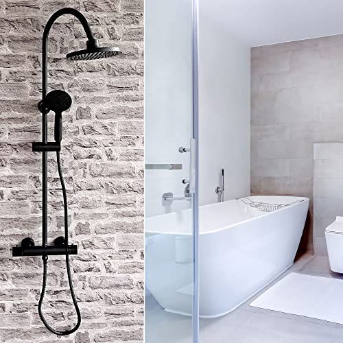 Gulfstream Komfort Duscharmatur Duscharmaturen Regendusche Duschsystem mit Duschkopf aus rostfreiem Edelstahl Mischbatterie Schwarz Chrom (BALI SCHWARZ MIT THERMOSTAT)