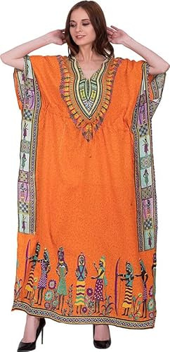 Art Of Creation Women's Kaftan Dress Maxi Long Dress Night Gown Caftans Dresses 3/4 Sleeve Top Nightdress Plus Size Tunic Kaftans House Dresses Orange