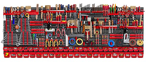 KADAX Scaffale da parete per attrezzi, grande, 232 x 78 cm, in plastica robusta, sistema modulare resistente ai raggi UV, pannelli da parete espandibili, scaffale (rosso, 140 pezzi)
