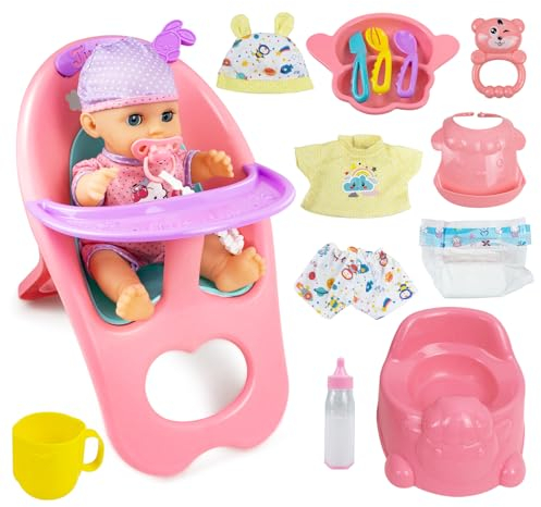 RedCrab Babypuppe Spielset, Spielpuppe mit Funktionen - Kann Trinken und PIPI Machen, 18-teiliges Puppen Zubehör mit Babypuppe, Hochstuhl, Puppenflasche, Schnuller, Windeln, Baby Puppe Kleidung