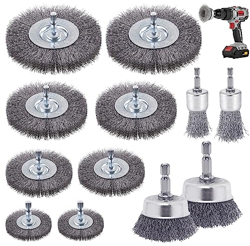 12 Stück Drahtbürste Bohrmaschine, 6mm Stahlbürste Akkuschrauber mit Sechskantstange Drahtbürsten Set, Drahtbürste Akkuschrauber, für Schleifen, Polieren, Entrosten, Reinigen und Vibrationsdämpfen