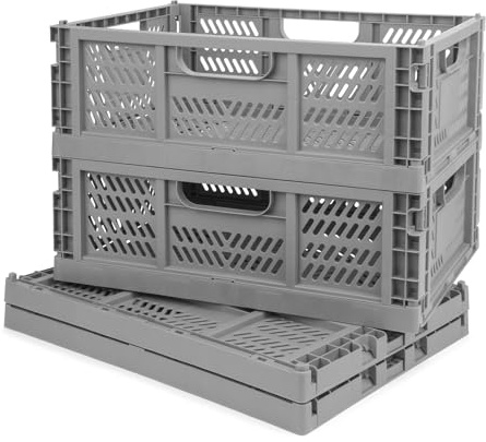 Domiella 4-Pack Crates for Storage, 16x12x6 Storage Crates Plastic Stackable, Folding Crate for Office Home Kitchen Bedroom Bathroom, Gray