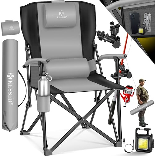 KESSER® Chaise de camping pliable jusqu'à 160 kg, Chaise de pêche pliante rembourrée avec accoudoirs, Lampe de camping et porte-gobelet + sac à dossier haut, Chaise de plage avec support de pêche