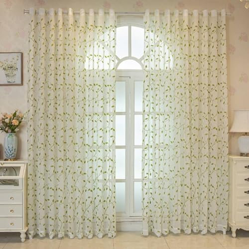 Beydodo Vorhänge Lichtdurchlässig mit Ösen, Gardinen Küche 2er Set Jacquard mit Blätter Motiv 137x244CM Grün Schiebevorhänge Halbtransparent Wohnzimmer Schlafzimmer