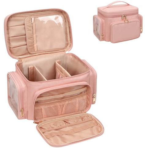Grande trousse per il trucco da viaggio per donna con scomparto portapennelli, organizer portatile, Rosa