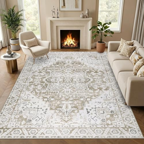 Famibay Tapis Salon 160x230cm Tapis Lavable en Machine Grand Tapis Chambre Poil Court Doux Vintage Antidérapant Marron Beige pour Salon Chambre à Coucher Salle a Manger