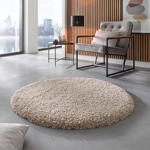 Taracarpet Shaggy Hochflor Langflor Teppich Twilight Luxus Qualität aus Belgien geeignet fürs Wohnzimmer Schlafzimmer und Kinderzimmer 6611 beige 160x160 cm rund