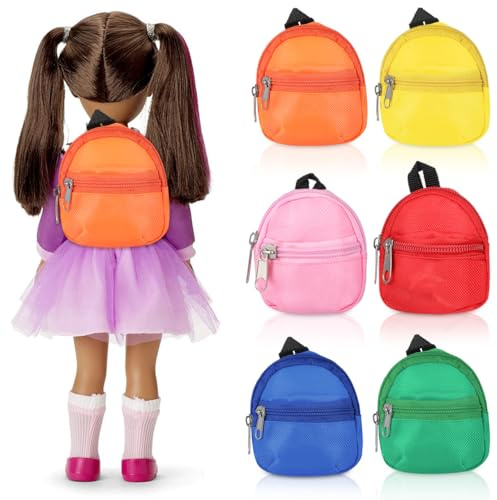 Abaodam Mini Doll Backpacks 6Pcs, Canvas Zipper School Bags, Miniature Dollhouse Accessories for Pretend Play, Colourful Doll Bag Set