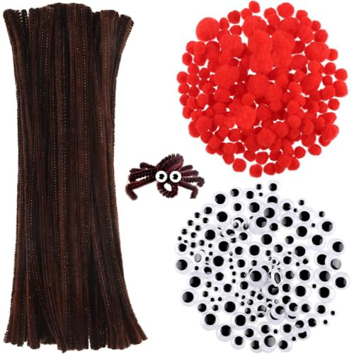 100 limpiadores de pipas marrones para manualidades, limpiador de pipas de Navidad, juego de alambre de chenilla con pompones rojos, ojos autoadhesivos para manualidades, Navidad
