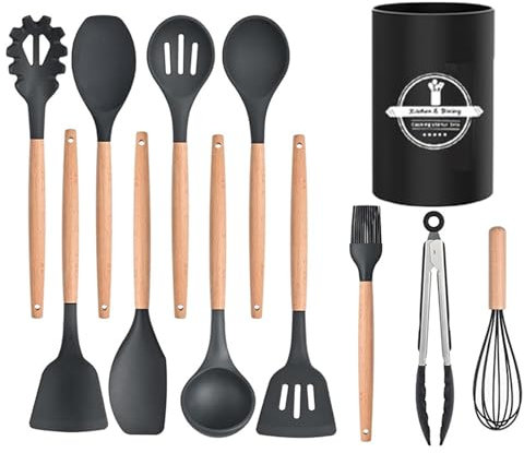 TTSTOlEE ustensiles de cuisine, utensilios de cocina de silicona 11elementos, manijas de madera, negro