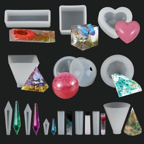 MOPLA 13 Pezzi Stampi per Resina Epossidica,stampi in silicone colata,forma quadrata a sfera,Stampo in Silicone in Resina epossidica per Resina Sferico,Cubo,Piramide,Cristallo,Adatto Artigianato DIY