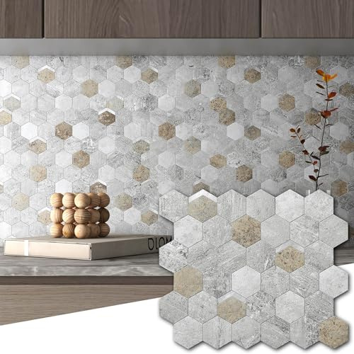 VAOVI Stick on Tiles Kitchen Hexagon Marble Self Adhesive Backsplash Wall Panels,Honeycomb Metallic Mosaic Stickers Bathroom Waterproof(Autumn Grey,5sheets)