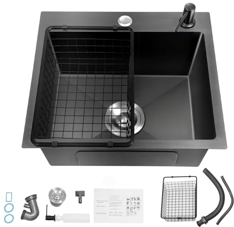 Fregadero de Cocina de Acero Inoxidable de 45 x 40 cm, 1 Lavabo, Color Negro con Dispensador de Jabón, Cesta Colador, Tubo de Desagüe,Fregadero Empotrado para la Cocina