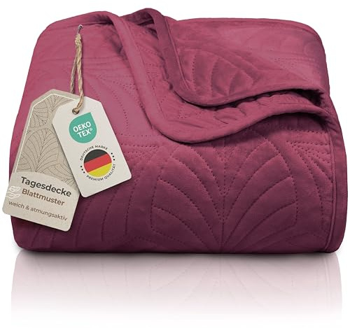 Gräfenstayn Premium Tagesdecke 200x220 cm – Bettüberwurf mit Nahtloser Steppung & Blatt-Design – Samt-Decke – weich, knitterfrei & pflegeleicht – Überwurf für Bett & Sofa (Bordeaux)