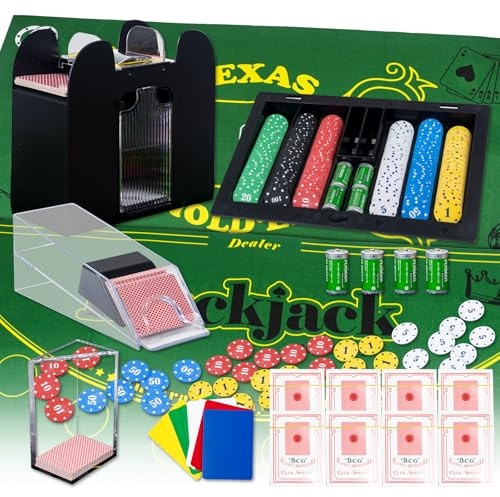 Casino Table Game Set,Blackjack/Texas Hold'em/Poker Set with Card Shoe,Discard Tray, Automatic Shuffler,Chip Rake,360Chips,8 Deck Playing Card ,Double-sided felt（Green）,10 Cut Cards,Casino Poker Set
