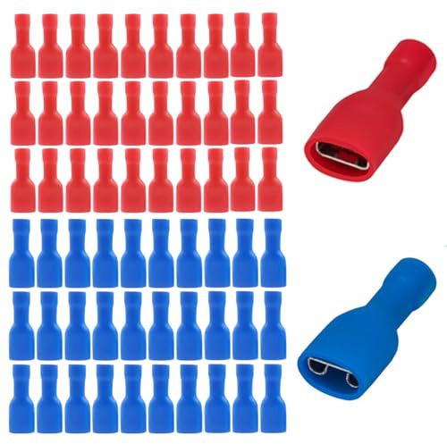 JRYXDS Faston Elettrici 60 Pezzi Connettori Rapidi Femmina In Vinile Completamente Isolati 6.3 X 0.8 Mm, Faston Elettrici, Rosso Per 0.5-1.5 Mm簡 (22-16 Awg), Blu Per 1.5-2.5 Mm簡 (16-14 Awg)