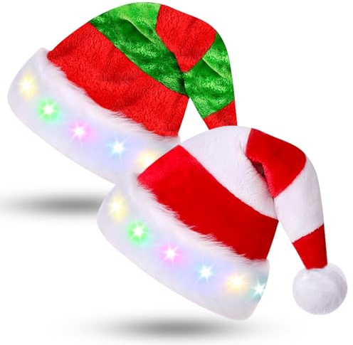 SOETDERT Weihnachtsmütze, 2 Stück Weihnachtsmütze Led, Nikolausmütze, Weihnachtsmann Mütze mit Licht, Gestreift, Rot und Grün Weihnachtsmützen, Plüsch Nikolaus Mütze, Christmas Hat für Erwachsene