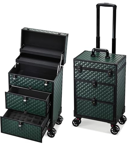 Valise Maquillage avec 2 Grands tiroirs Malette Maquillage à roulettes Valise Onglerie Trolley Esthetique Malette Coiffure/Tatouage, Vert Foncé