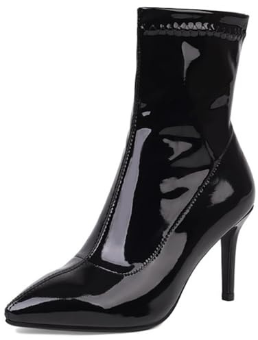 Qynthra Stivaletti alla Moda Donna Punta a Punta Sexy Tacco Stiletto Pelle Verniciata Bottini Tacco Alto per Serata Fuori e Look da Festa Finitura Liscia e Lucida,Nero,46 EU