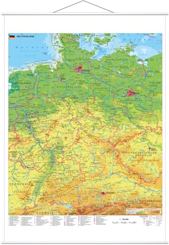 Deutschland physisch mit UNESCO Welterbestätten und Nationalparks Wandkarte mit Metallbeleistung NEUE AUFLAGE
