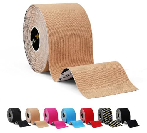 SPORTTAPE Original Kinesiology Tape 5cm x 5m, Beige - Hypoallergenic, Waterproof K Physio Tape for Muscle Injury Relief, Recovery, Support, Shoulder, Back & Joints - Uncut Single Athletic Roll