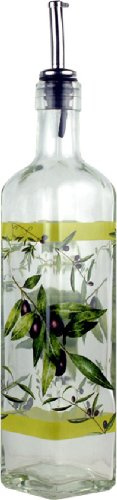 Oliera in vetro con beccuccio antisgocciolo, decoro olive, capacità 1/4 L