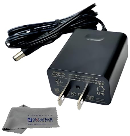 Yealink Phone Power Adapter PS5V2000US - for Yealink Telephones T46, T48S, T58A, T58-CAM, T54W, T57W, Teams Phones - MP52, MP54, MP56, T85W, T87W, Global Teck Microfiber Cloth