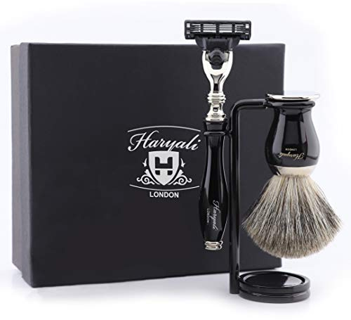 Set di 3 pennelli da barba in nero, per capelli di tasso puro, rasatura e supporto per rasatura, perfetto per rasatura a umido