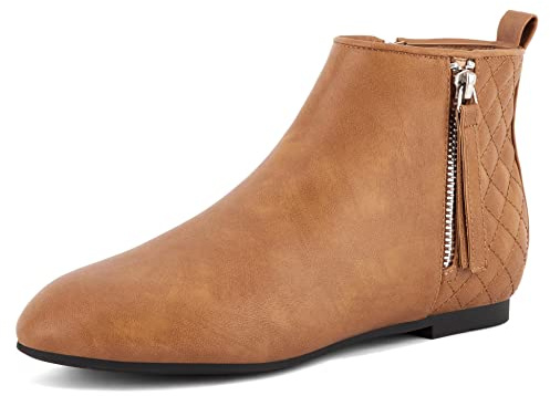 MaxMuxun Classic Camel PU Rejilla de Cuero Zapatos de Mujer Botines Planos Botas de tacón bajo Siex 7 UK