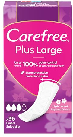 Carefree Salvaslip Plus Large Fragranza Delicata, Salva slip donna extra ampio per il 100% di controllo degli odori, Morbidi e discreti proteggi slip super assorbenti per uso quotidiano, 36 salvaslip