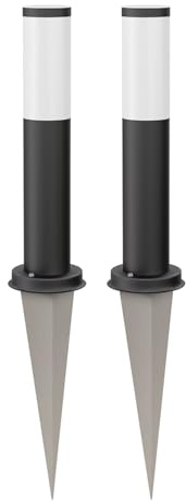 ledscom.de 2 Stück Pollerleuchte PORU schwarz mit Erdspieß für außen, Edelstahl, rund, 38,5cm, inkl. E27 Lampe 3,99W extra-warm-weiß 471lm