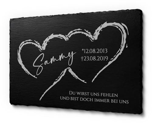 Premium Gedenktafel für Hunde & Katzen aus Schiefer mit Gravur / Foto | Grabstein Hund mit Bilder schönen Motiven und gemusterter Herzform | ideal als Grabplatte für ein Urnengrab von Tieren 30x20 cm
