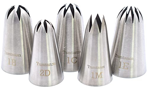 Tumtanm 5 Pack Extra Large Piping Nozzles, 1B 1C 1E 1M 2D# Seamless Stainless Steel Piping Icing Tips for Cupcakes