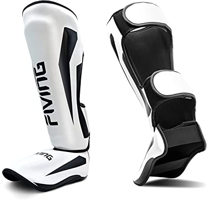 FIVING MMA Martial Arts Shin Guards – Padded, Adjustable Muay Thai Leg Guards with Instep Protection for Kickboxing/MMA Training and Sparring – Durable, Professional MMA Equipment (White, Large)