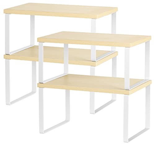 CADUKE Küchenthekenregale 4er-Set stapelbares Schrank-Organizer-Regal und erweiterbare Holz-Arbeitsplattenregale für Badezimmer-Arbeitszimmer, Weiß | Erweiterbare Holz-Arbeitsplattenregale für Badezimmer, Arbeitszimmer